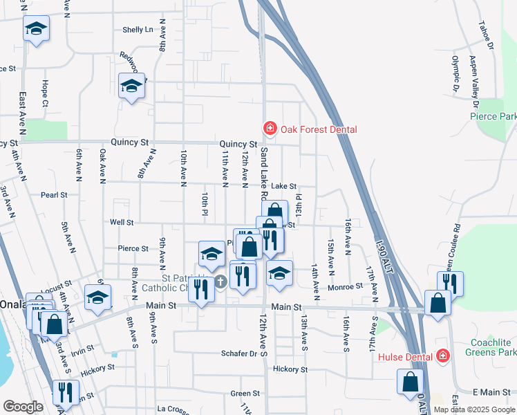 map of restaurants, bars, coffee shops, grocery stores, and more near 512 12th Avenue North in Onalaska