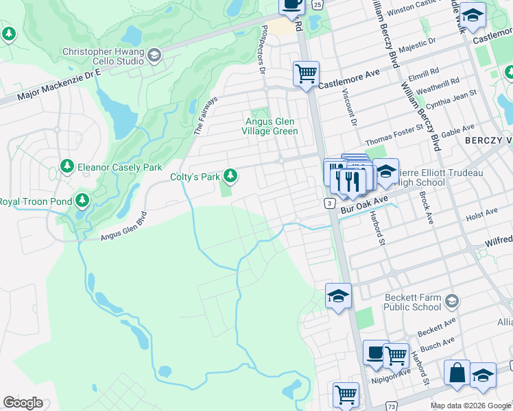 map of restaurants, bars, coffee shops, grocery stores, and more near 58 Harvey Bunker Crescent in Markham