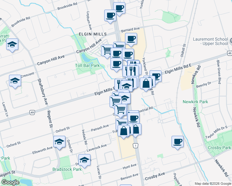 map of restaurants, bars, coffee shops, grocery stores, and more near 21 Elgin Mills Road West in Richmond Hill