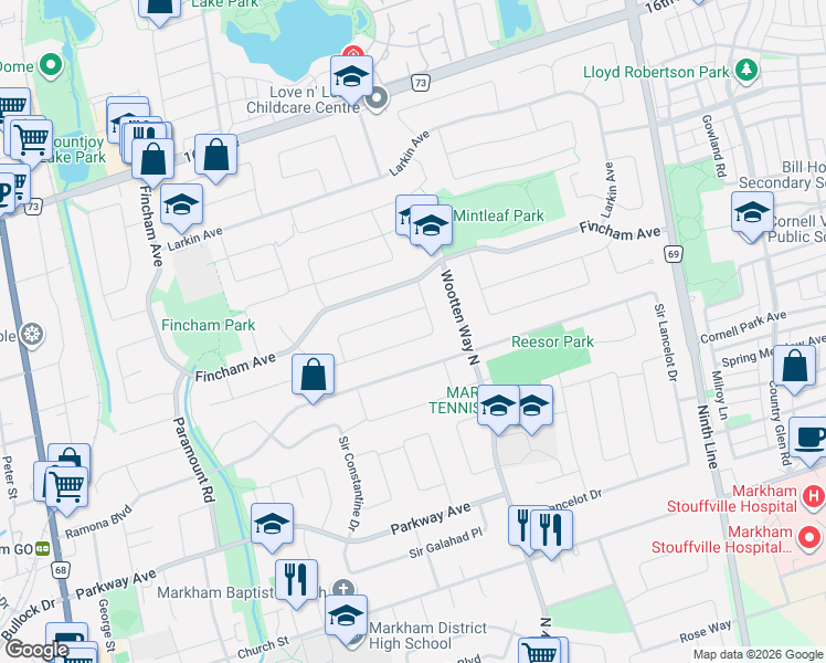 map of restaurants, bars, coffee shops, grocery stores, and more near 50 Meyer Circle in Markham