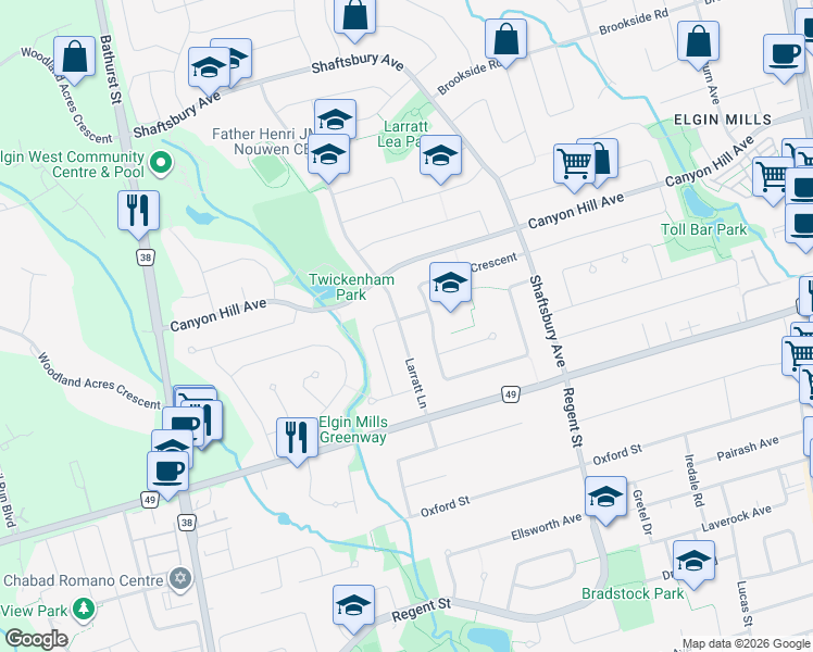 map of restaurants, bars, coffee shops, grocery stores, and more near 9 Waterhouse Way in Richmond Hill