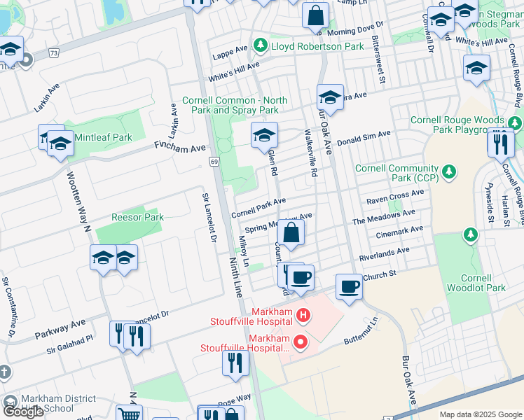 map of restaurants, bars, coffee shops, grocery stores, and more near 53 Cornell Park Avenue in Markham