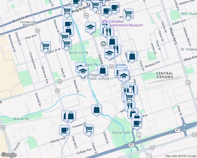 map of restaurants, bars, coffee shops, grocery stores, and more near 95 Quebec Street in Oshawa