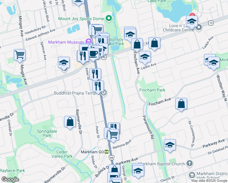 map of restaurants, bars, coffee shops, grocery stores, and more near 53 Wales Avenue in Markham