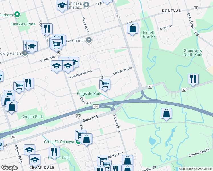 map of restaurants, bars, coffee shops, grocery stores, and more near 584 Farewell Street in Oshawa