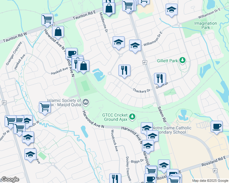 map of restaurants, bars, coffee shops, grocery stores, and more near 37 Wilsongary Circle in Ajax