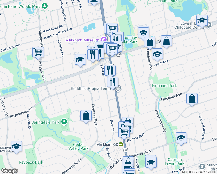 map of restaurants, bars, coffee shops, grocery stores, and more near 57 Peter Street in Markham