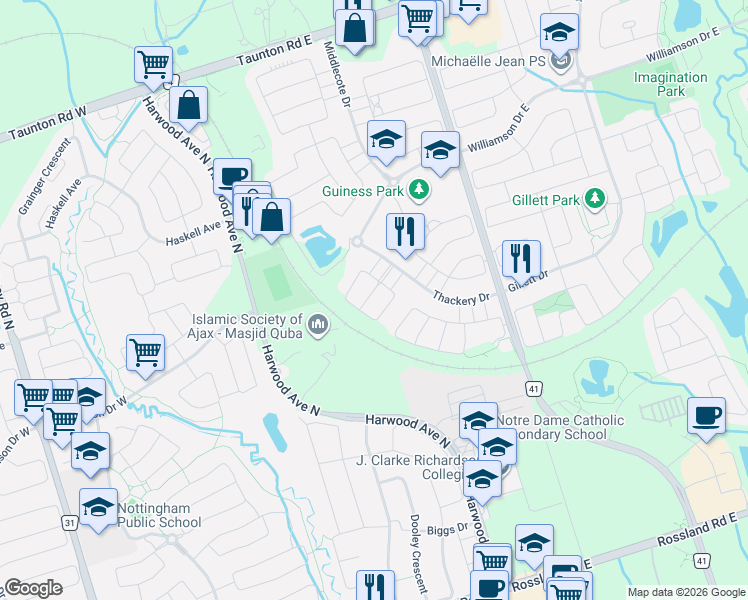 map of restaurants, bars, coffee shops, grocery stores, and more near in Ajax