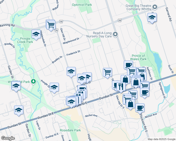 map of restaurants, bars, coffee shops, grocery stores, and more near 221 Stewart Street in Whitby