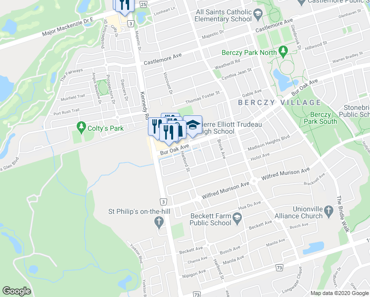 map of restaurants, bars, coffee shops, grocery stores, and more near 63 Bur Oak Avenue in Markham
