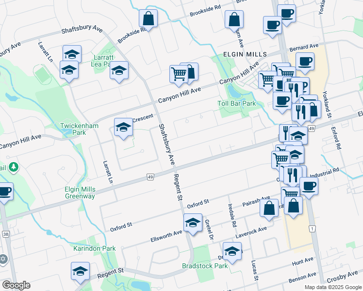 map of restaurants, bars, coffee shops, grocery stores, and more near 12 Cooperage Crescent in Richmond Hill