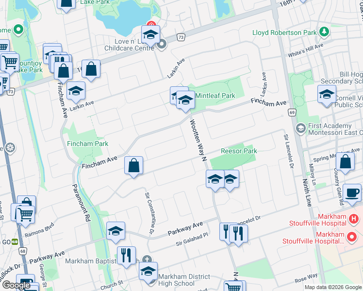 map of restaurants, bars, coffee shops, grocery stores, and more near 54 Meyer Circle in Markham