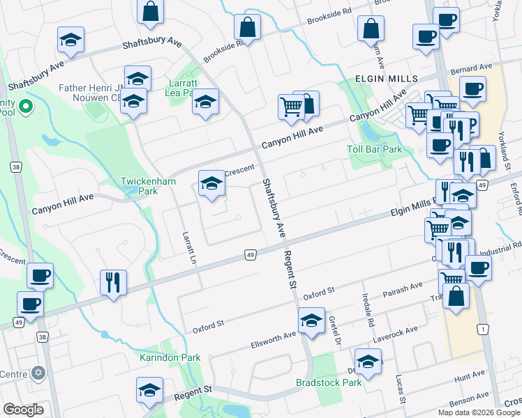 map of restaurants, bars, coffee shops, grocery stores, and more near 31 Stave Crescent in Richmond Hill