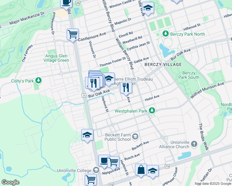 map of restaurants, bars, coffee shops, grocery stores, and more near 111 Brunswick Avenue in Markham