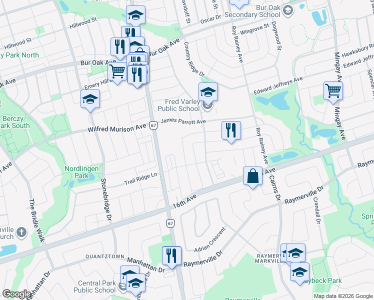 map of restaurants, bars, coffee shops, grocery stores, and more near 150 Maria Road in Markham