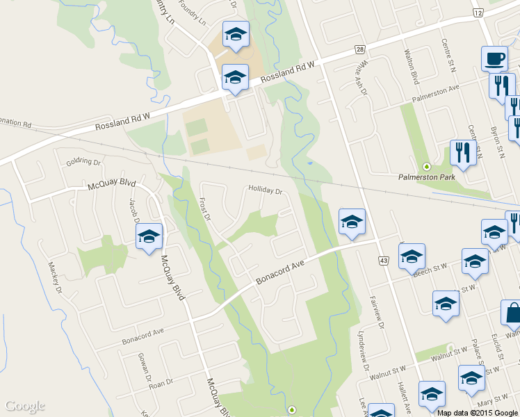 map of restaurants, bars, coffee shops, grocery stores, and more near 14 Ormandy Court in Whitby