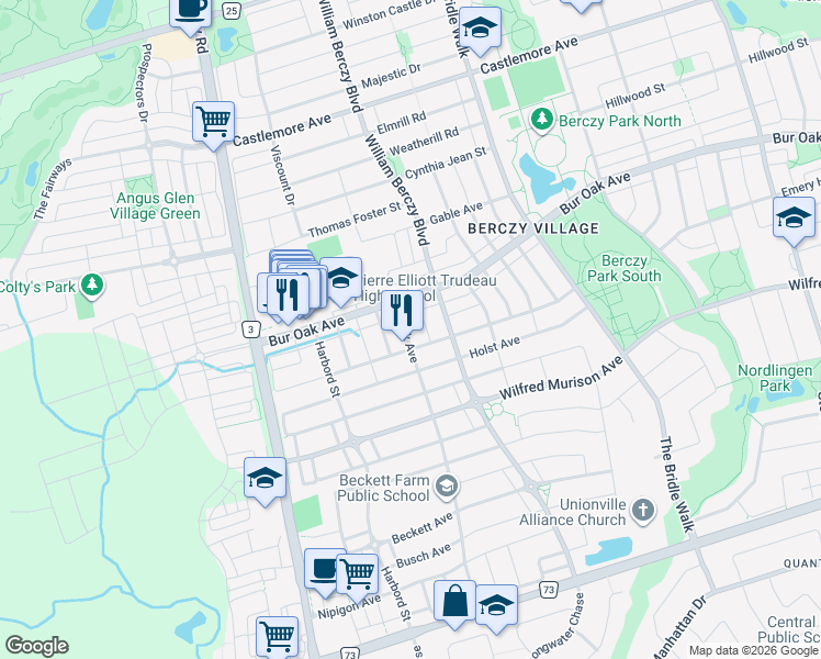 map of restaurants, bars, coffee shops, grocery stores, and more near 113 Brock Avenue in Markham