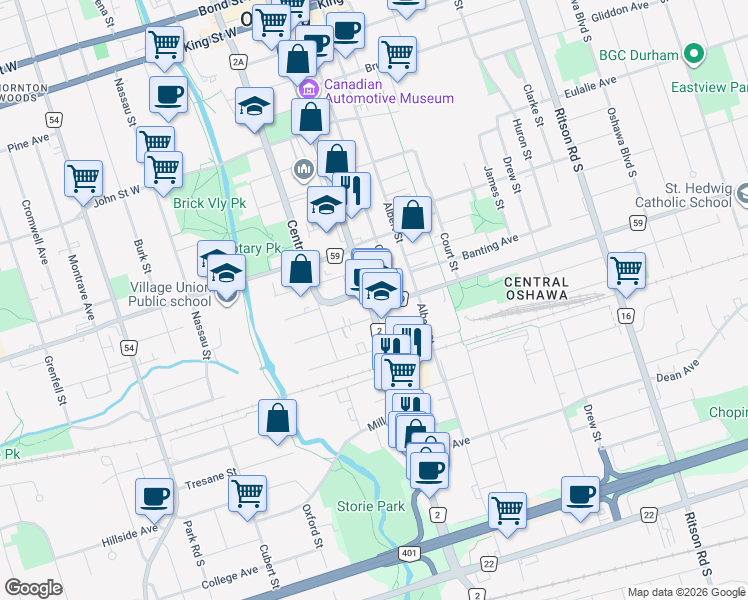 map of restaurants, bars, coffee shops, grocery stores, and more near 333 Simcoe Street North in Oshawa