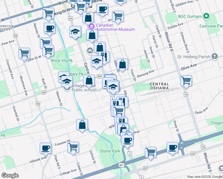 map of restaurants, bars, coffee shops, grocery stores, and more near in Oshawa