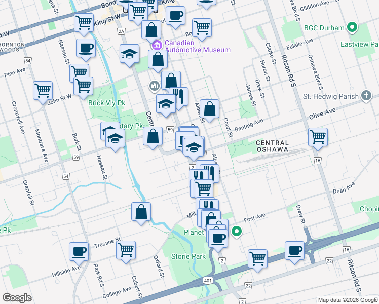map of restaurants, bars, coffee shops, grocery stores, and more near 333 Simcoe Street South in Oshawa