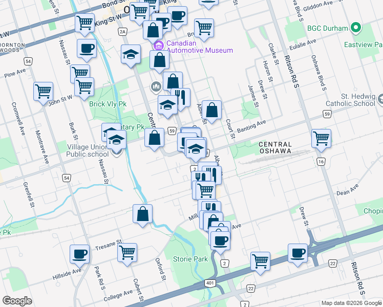 map of restaurants, bars, coffee shops, grocery stores, and more near 333 Simcoe Street South in Oshawa
