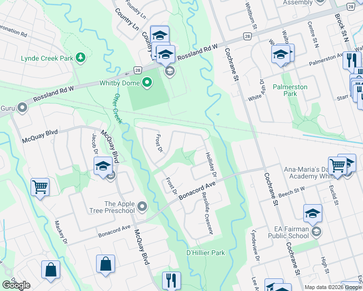 map of restaurants, bars, coffee shops, grocery stores, and more near 14 Ormandy Court in Whitby