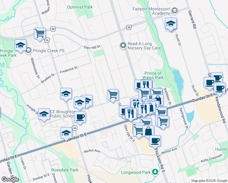 map of restaurants, bars, coffee shops, grocery stores, and more near 296 Glen Hill Drive in Whitby