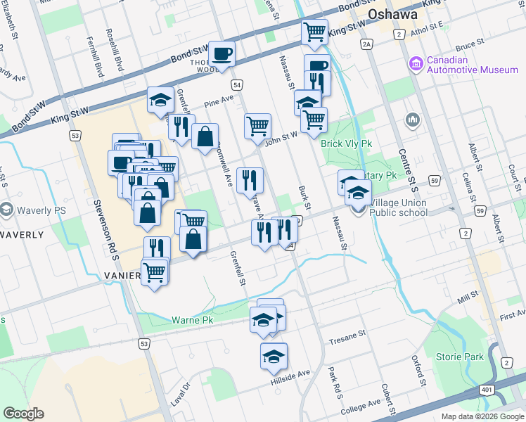 map of restaurants, bars, coffee shops, grocery stores, and more near 239 Montrave Avenue in Oshawa