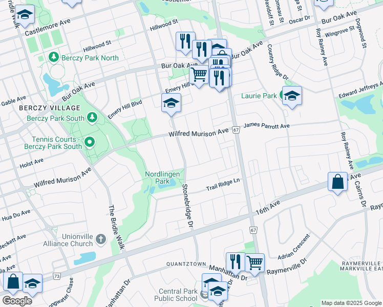 map of restaurants, bars, coffee shops, grocery stores, and more near 126 Stonebridge Drive in Markham