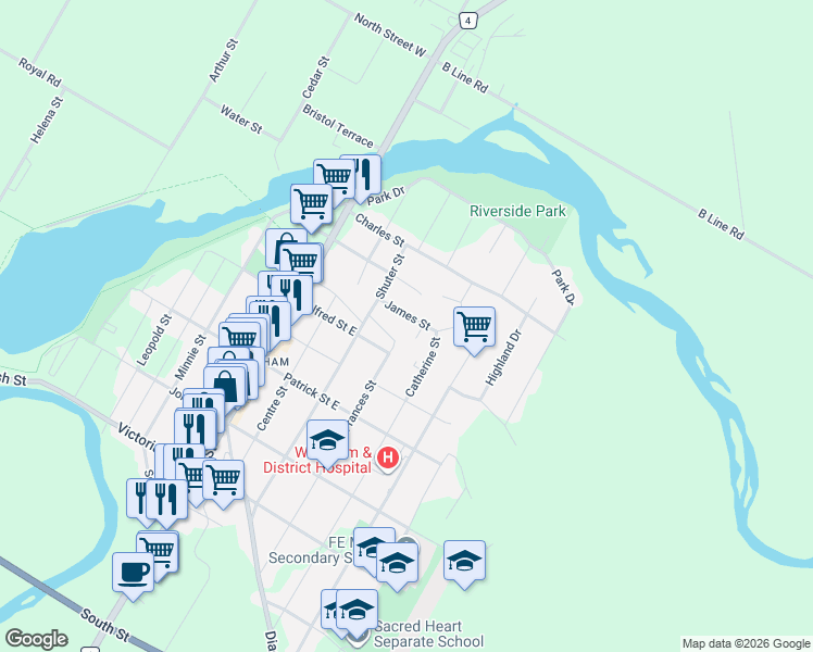 map of restaurants, bars, coffee shops, grocery stores, and more near 395 Frances Street in Wingham