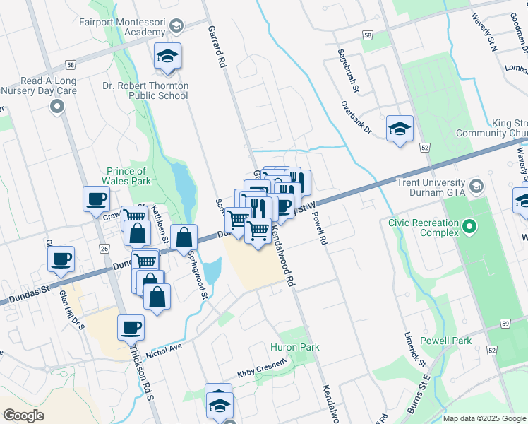 map of restaurants, bars, coffee shops, grocery stores, and more near 1903 Dundas Street East in Whitby