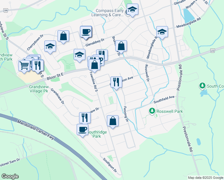 map of restaurants, bars, coffee shops, grocery stores, and more near 34 Kilgannon Avenue in Courtice
