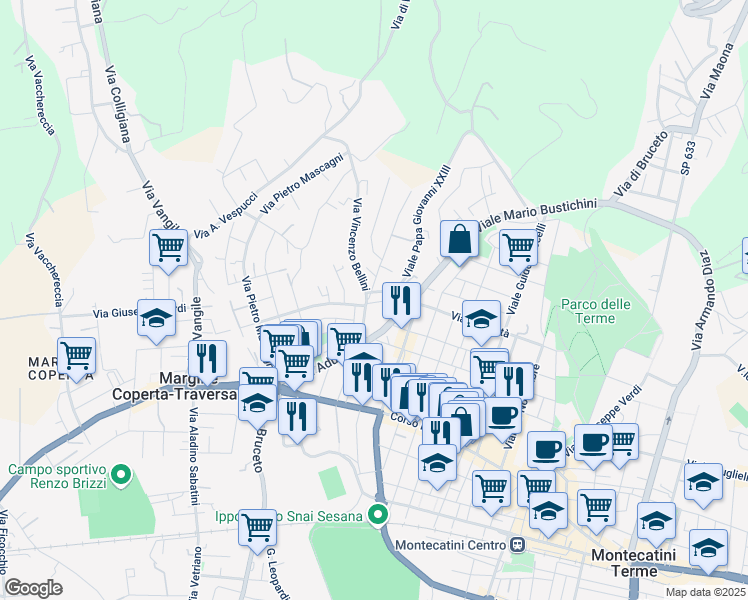 map of restaurants, bars, coffee shops, grocery stores, and more near 7 Via Vincenzo Bellini in Montecatini Terme