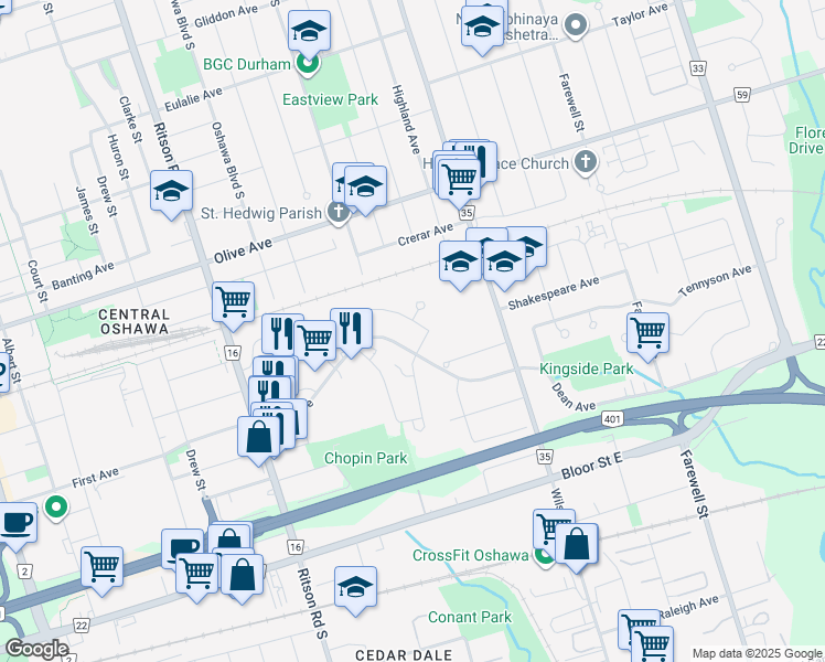 map of restaurants, bars, coffee shops, grocery stores, and more near in Oshawa