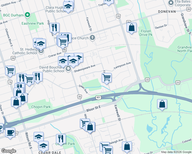 map of restaurants, bars, coffee shops, grocery stores, and more near 529 Carman Court in Oshawa