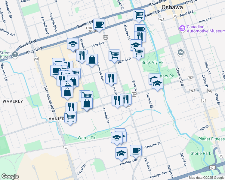map of restaurants, bars, coffee shops, grocery stores, and more near 228 Montrave Avenue in Oshawa