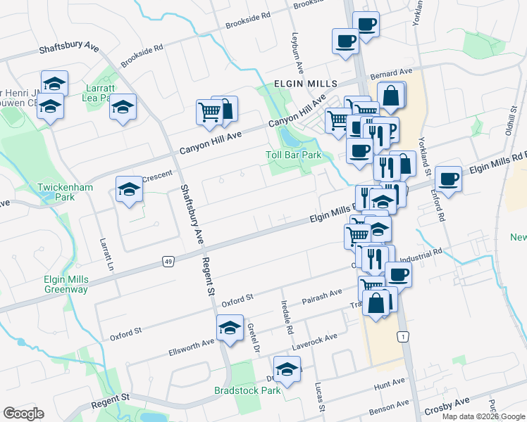 map of restaurants, bars, coffee shops, grocery stores, and more near 41 Cooperage Crescent in Richmond Hill