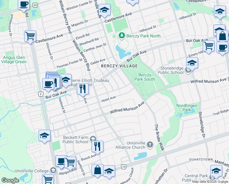 map of restaurants, bars, coffee shops, grocery stores, and more near 231 Madison Heights Boulevard in Markham