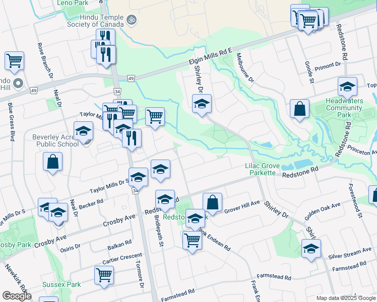 map of restaurants, bars, coffee shops, grocery stores, and more near 10 Newcastle Crescent in Richmond Hill
