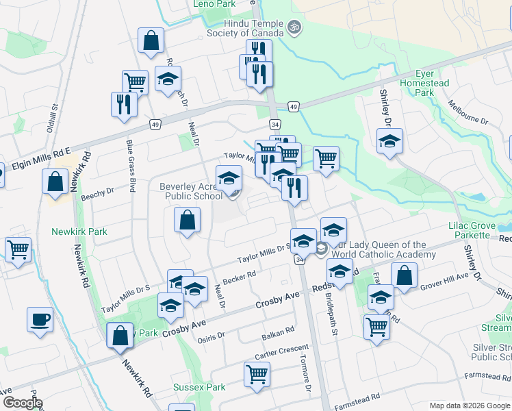 map of restaurants, bars, coffee shops, grocery stores, and more near 48 Ambler Lane in Richmond Hill