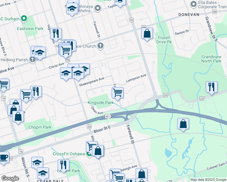 map of restaurants, bars, coffee shops, grocery stores, and more near 584 Farewell Street in Oshawa