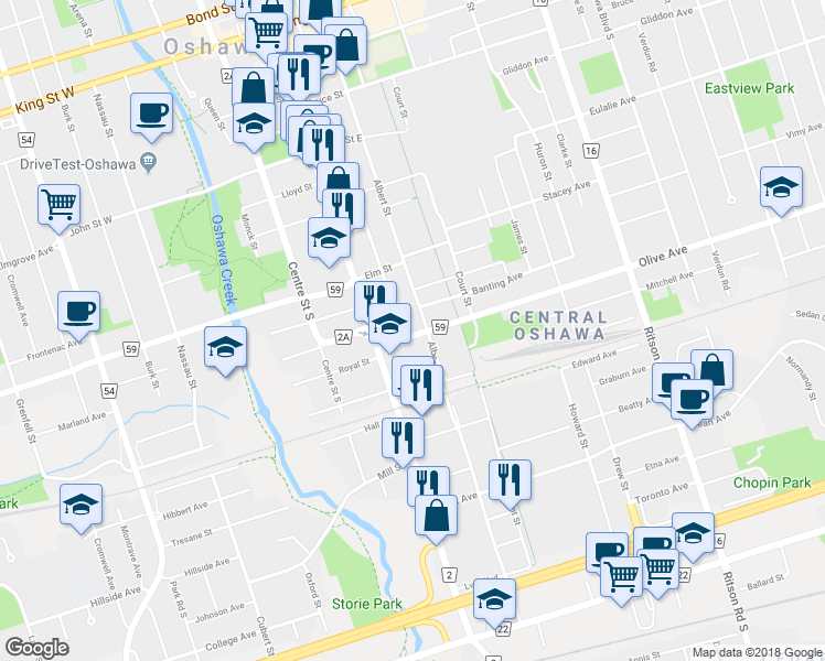 map of restaurants, bars, coffee shops, grocery stores, and more near in Oshawa