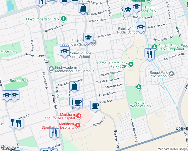 map of restaurants, bars, coffee shops, grocery stores, and more near 2942 Bur Oak Avenue in Markham