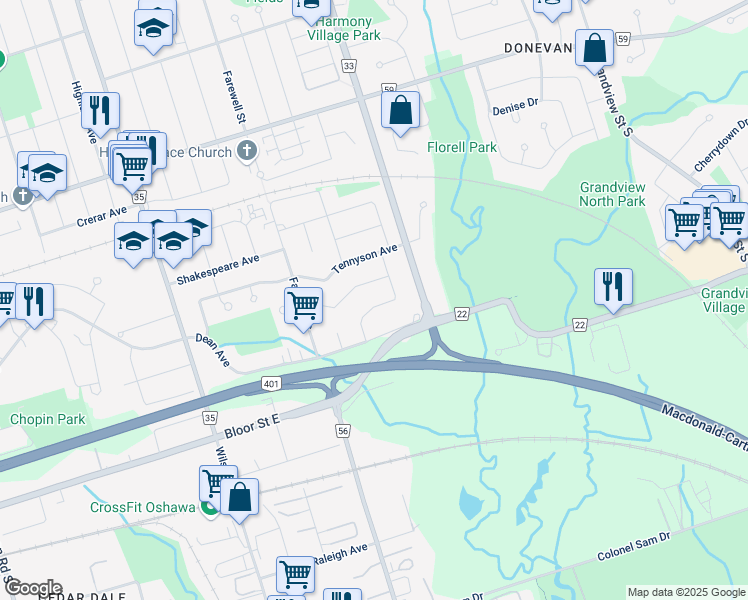 map of restaurants, bars, coffee shops, grocery stores, and more near 758 Whitman Crescent in Oshawa