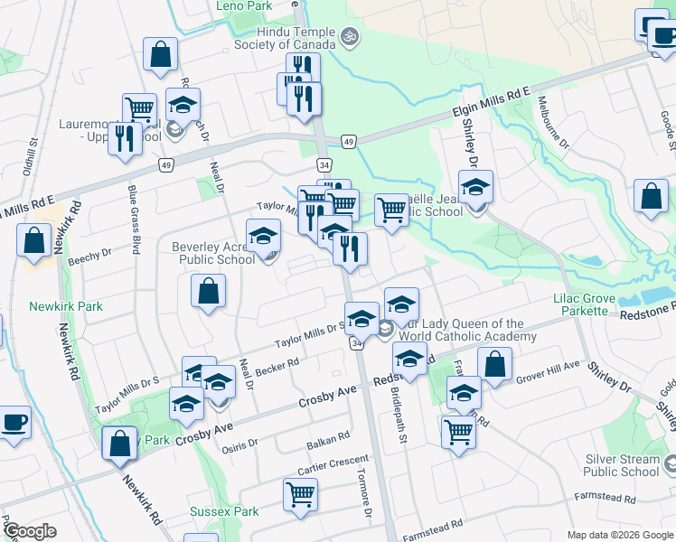 map of restaurants, bars, coffee shops, grocery stores, and more near 10560 Bayview Avenue in Richmond Hill