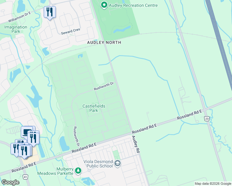 map of restaurants, bars, coffee shops, grocery stores, and more near 25 Cantwell Crescent in Ajax
