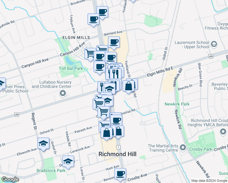 map of restaurants, bars, coffee shops, grocery stores, and more near 10731 Yonge Street in Richmond Hill