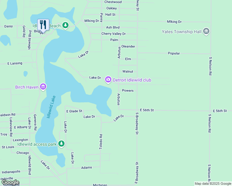 map of restaurants, bars, coffee shops, grocery stores, and more near 12850 Lake Drive in Idlewild