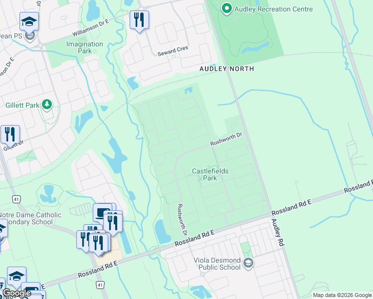 map of restaurants, bars, coffee shops, grocery stores, and more near 1 Arfield Avenue in Ajax