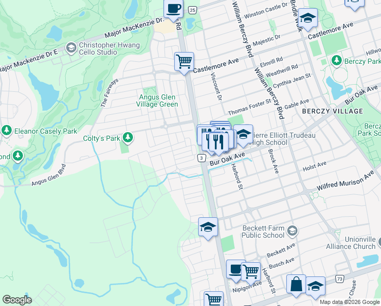 map of restaurants, bars, coffee shops, grocery stores, and more near 32 Guardhouse Crescent in Markham
